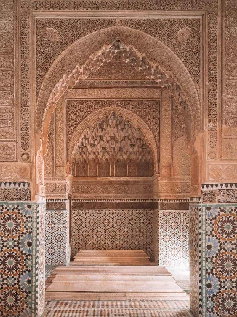 Intricate tilework inside a Moroccan palace and hammam spa.