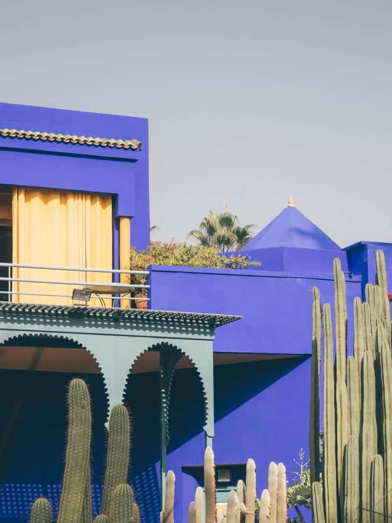 A peacock blue villa in the ground of the Majorelle Gardens in Marrakech, Morocco.