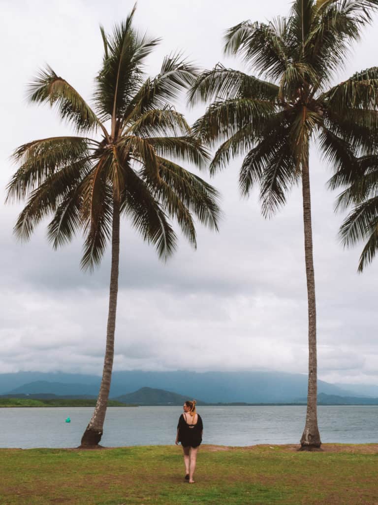 Girl walking towards tall palm trees at Rex Smeal Park in Port Douglas