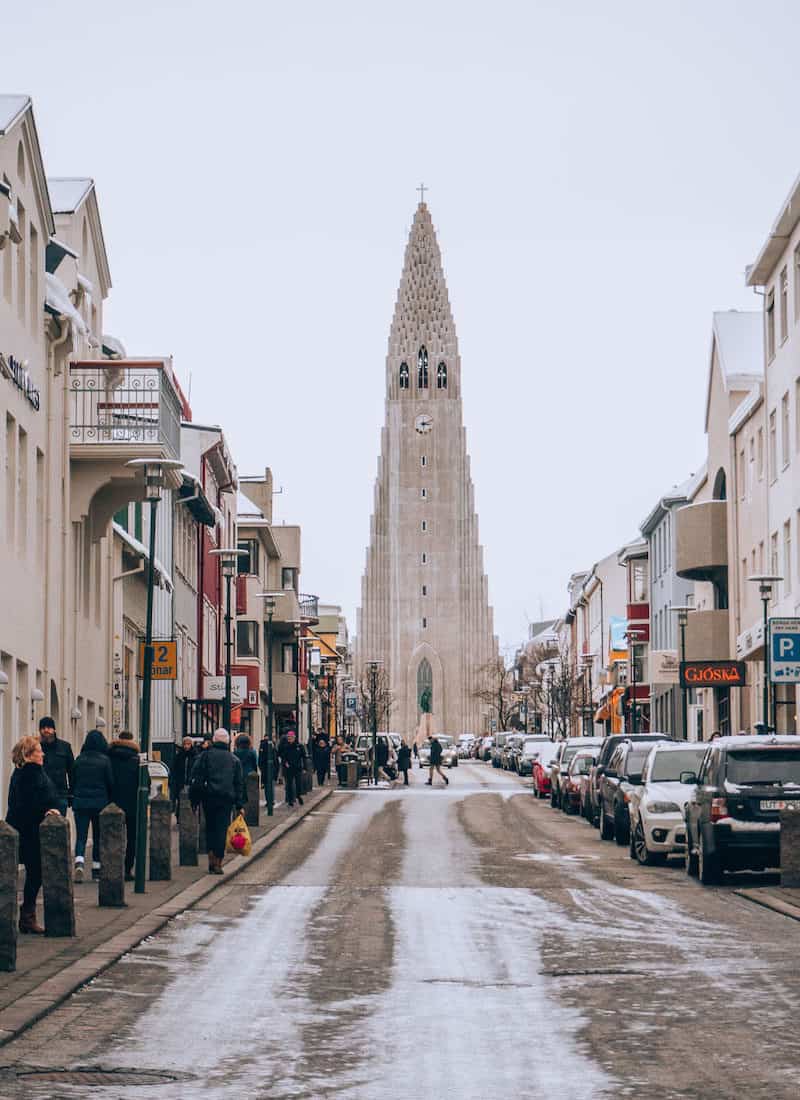 Hallgrimskirkja church and snow lined streets of reykjavik