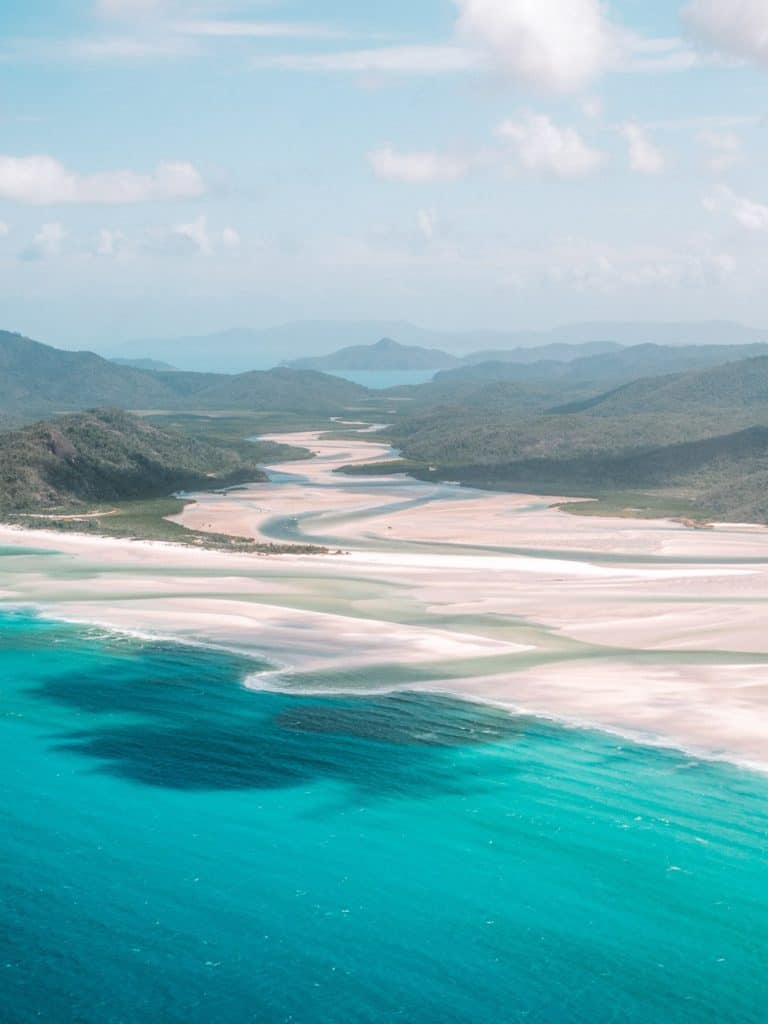View from the helicopter over Hill Inlet at Whitehaven Beach at Whitsunday Island Queensland, Australia