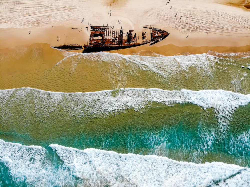 Drone view of the Maheno Wreck on the Beach at Fraser Island